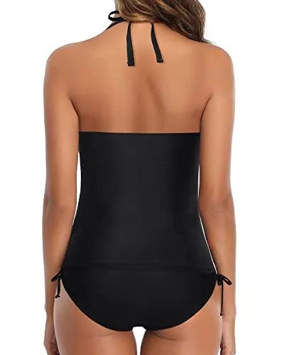 Halter Tankini Two Piece Swimsuits For Ladies-Black