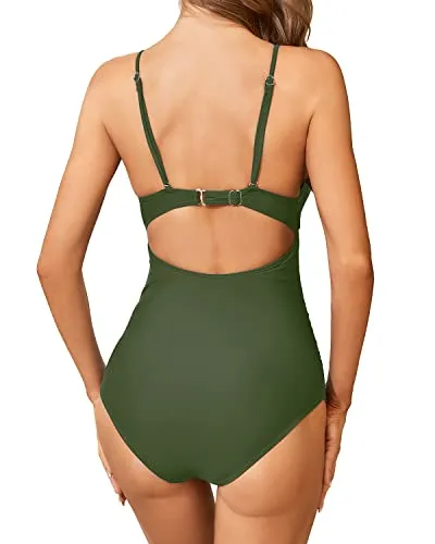 Halter Women's One Piece Swimsuit Tummy Control High Neck Bathing Suit-Army Green