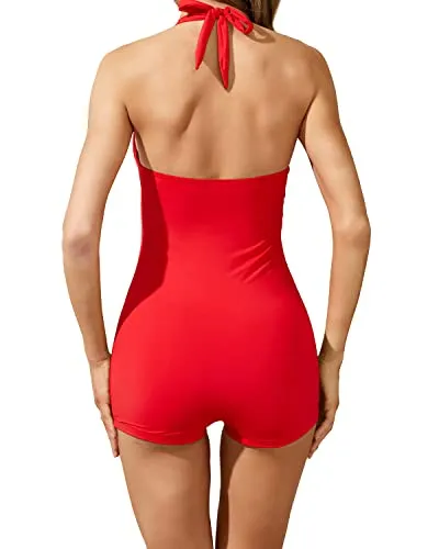 Hard Padded Push Up Bra Swimsuits Shorts Boyleg-Red