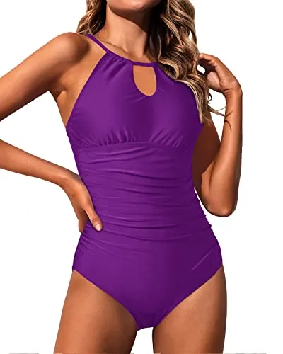 High Neck Halter One Piece Swimsuit For Women Tummy Control Bathing Suits-Purple