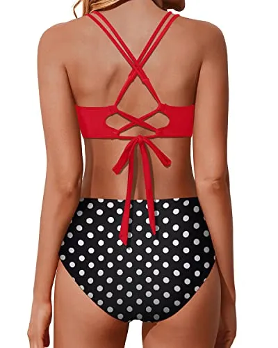High Waisted Bikini Set Push Up Wrap Swim Suits Tummy Control Bathing Suits-Red Dot