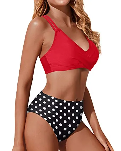 High Waisted Bikini Set Push Up Wrap Swim Suits Tummy Control Bathing Suits-Red Dot