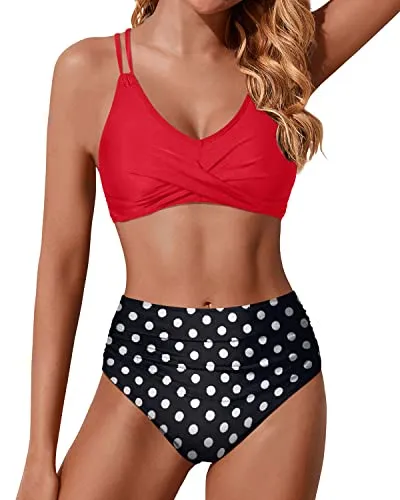 High Waisted Bikini Set Push Up Wrap Swim Suits Tummy Control Bathing Suits-Red Dot
