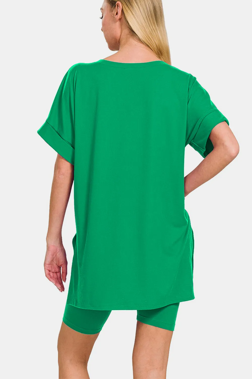 KESLEY Outfit Set Women's Casual V-Neck Short Sleeve T-Shirt and Biker Shorts Set