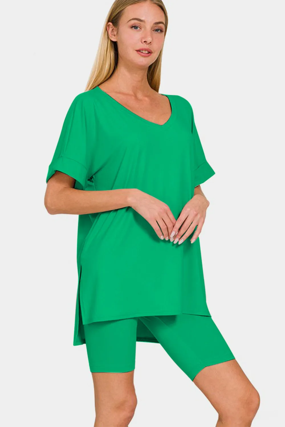 KESLEY Outfit Set Women's Casual V-Neck Short Sleeve T-Shirt and Biker Shorts Set