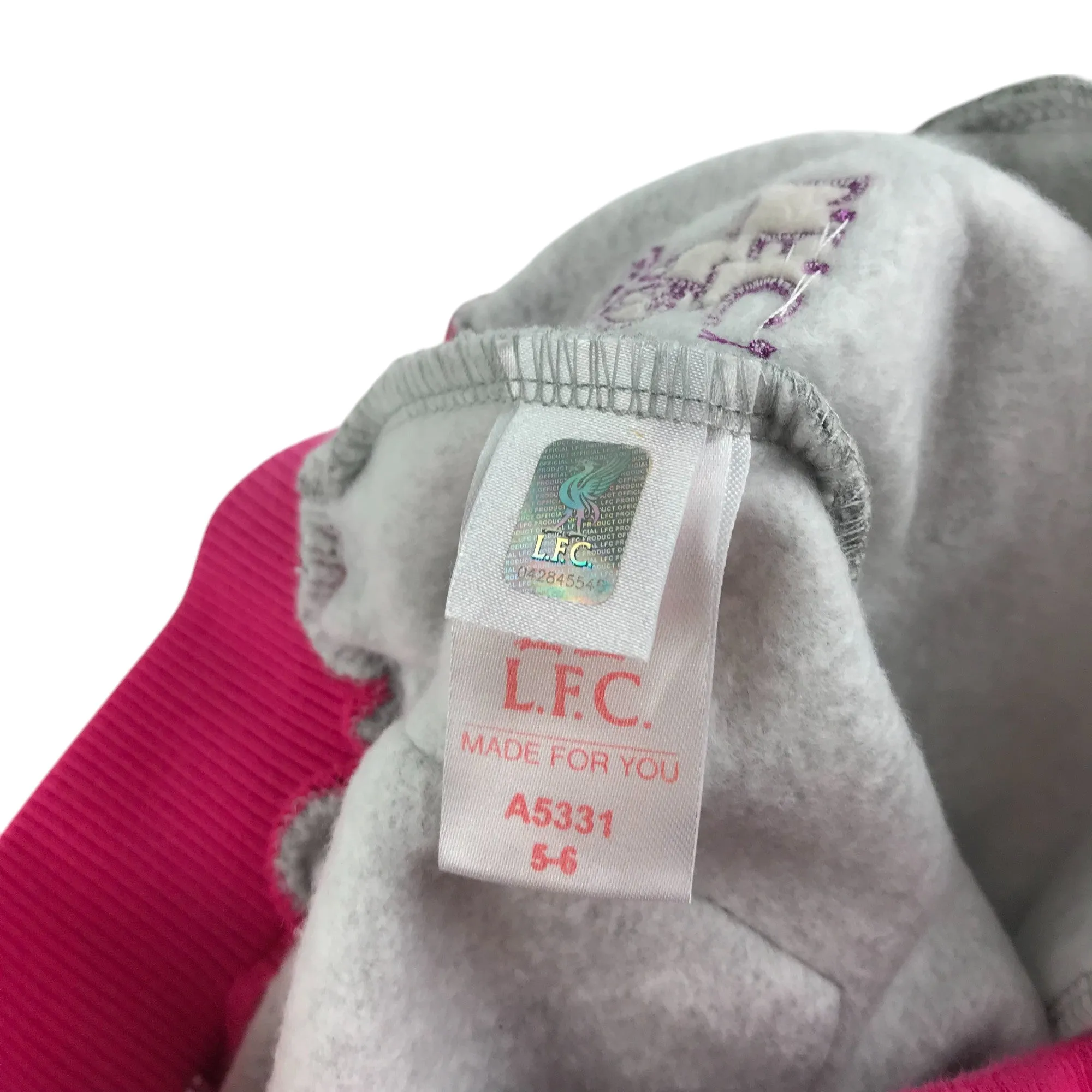 Kop Kids Liverpool FC joggers 5-6 years grey with pink elasticated waistband