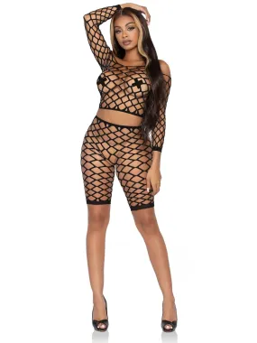 Leg Avenue 2 Pc Net Crop Top and Bike Shorts - One Size -  Black