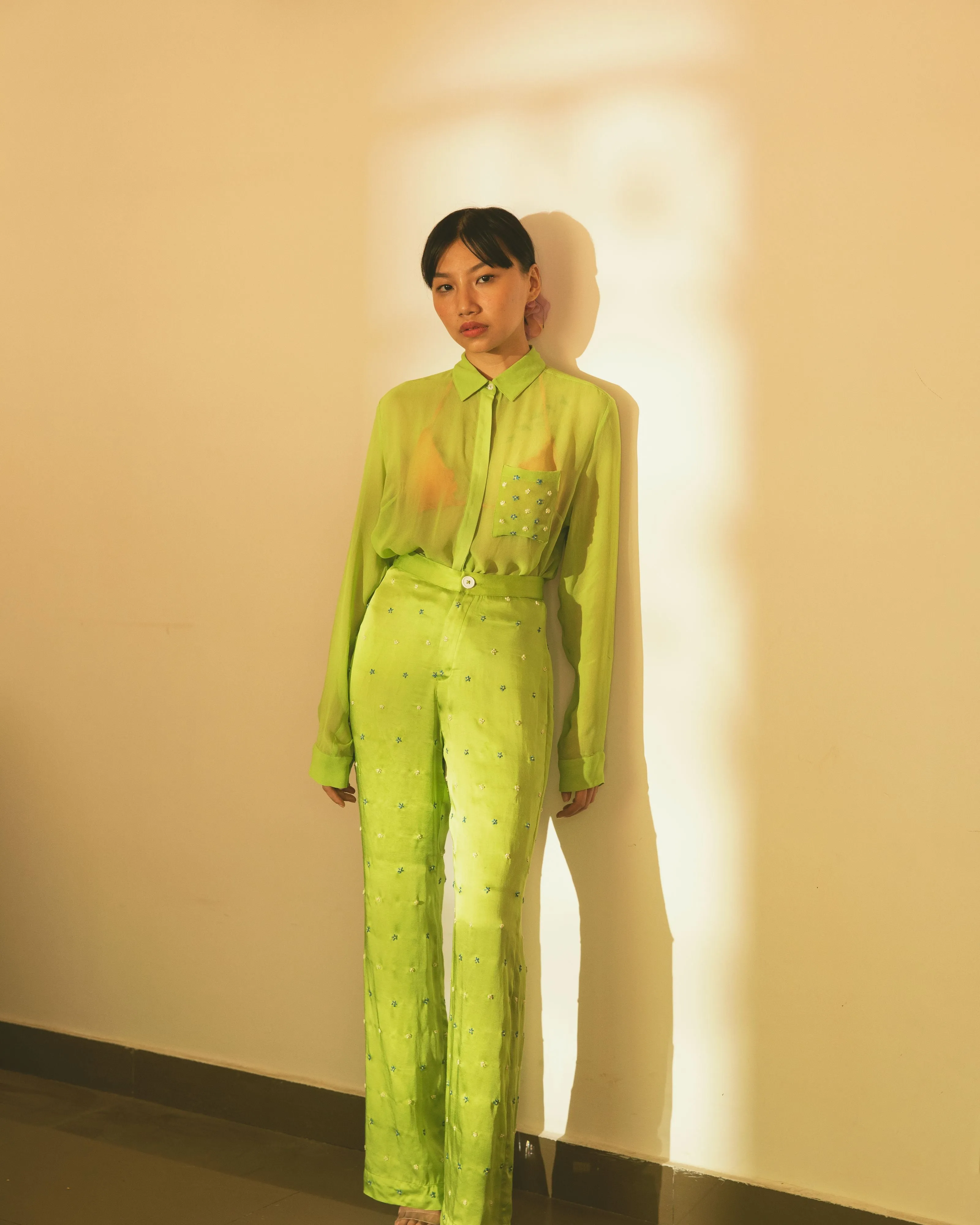 Lime Green Cupro Georgette Sheer Shirt with Hand Embroidered Pocket Detail