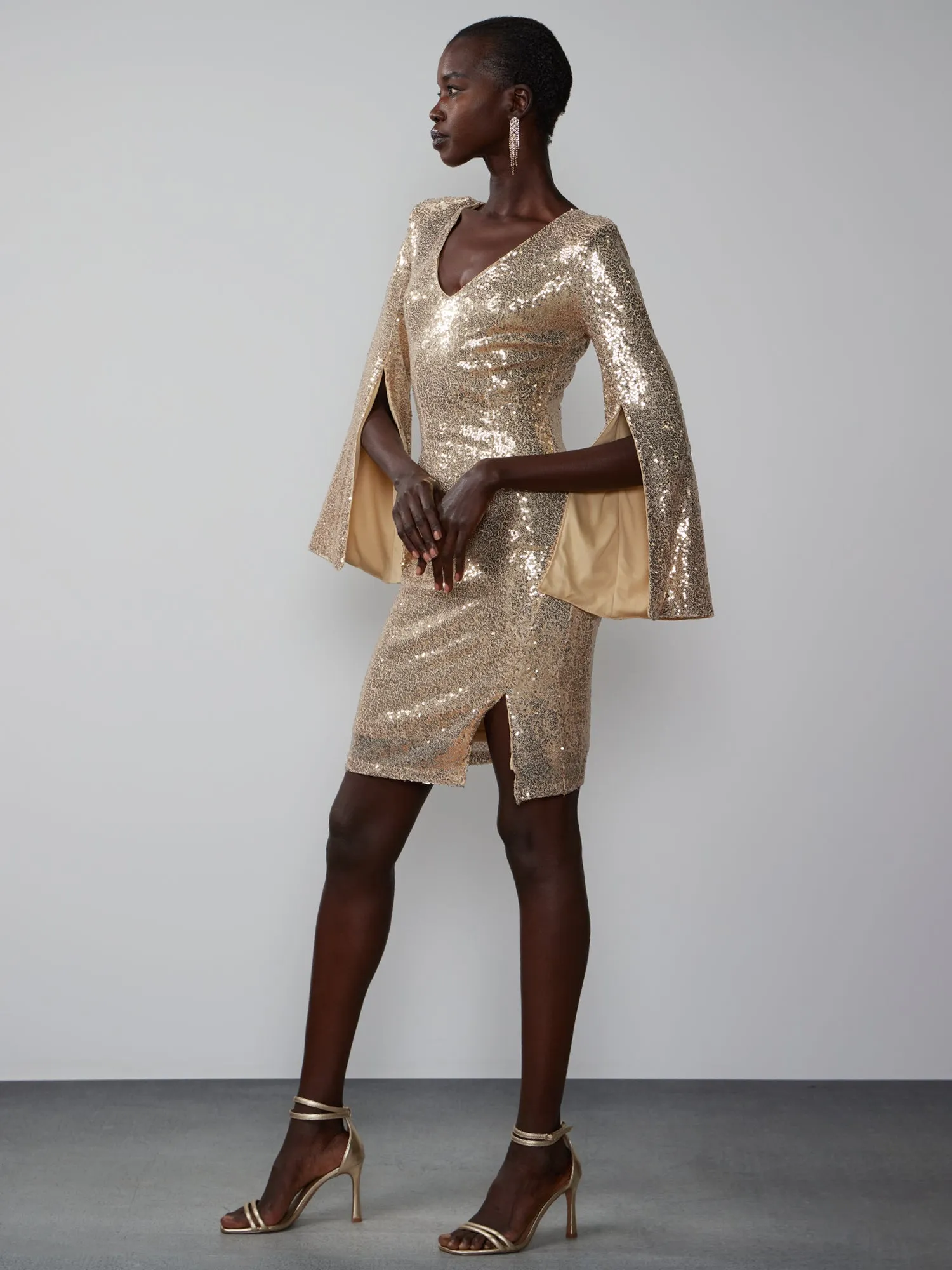 Long Sleeve V-Neck Sequin Mini Dress