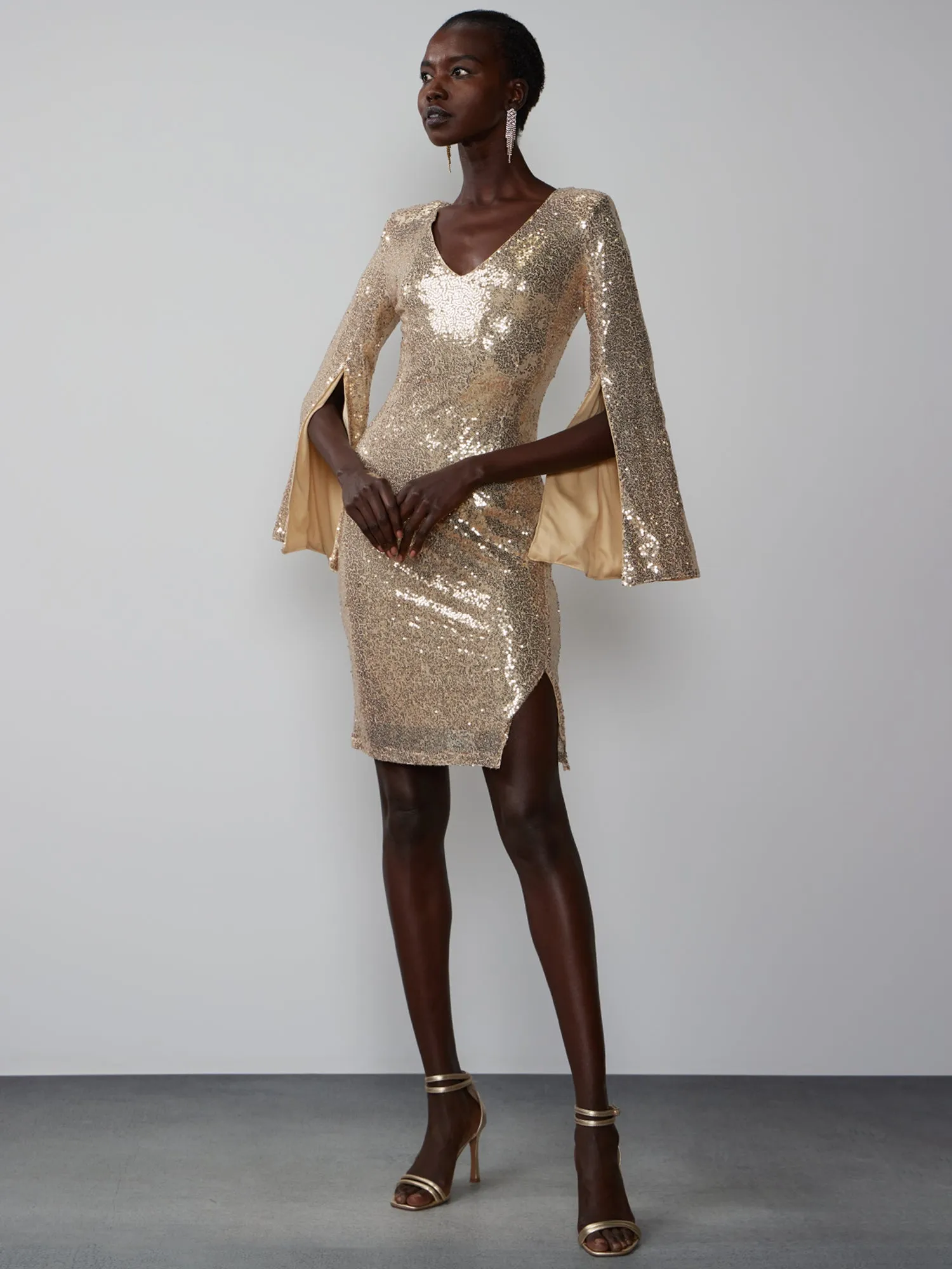 Long Sleeve V-Neck Sequin Mini Dress