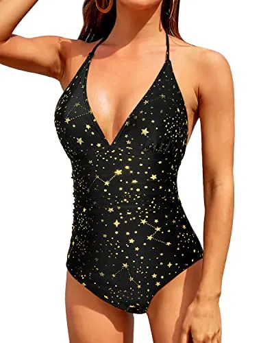 Long Torso Women's Cross Back Lace Up One Piece Swimsuit-Gold Stars