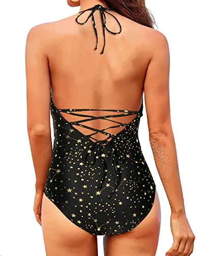 Long Torso Women's Cross Back Lace Up One Piece Swimsuit-Gold Stars