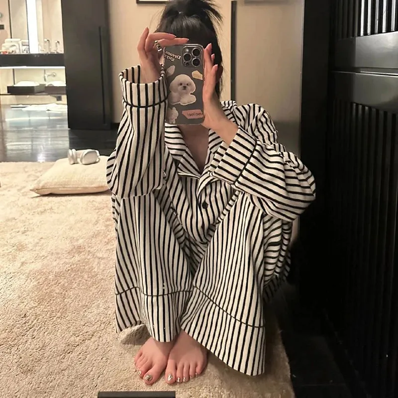 LVSANW Striped Sleepwear Women Pajama Sets Autumn Piiama Casual Pants Sets for Women 2 Pieces Button Korean Night Wears Home Suit 2024