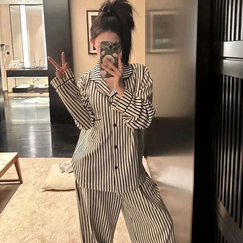 LVSANW Striped Sleepwear Women Pajama Sets Autumn Piiama Casual Pants Sets for Women 2 Pieces Button Korean Night Wears Home Suit 2024