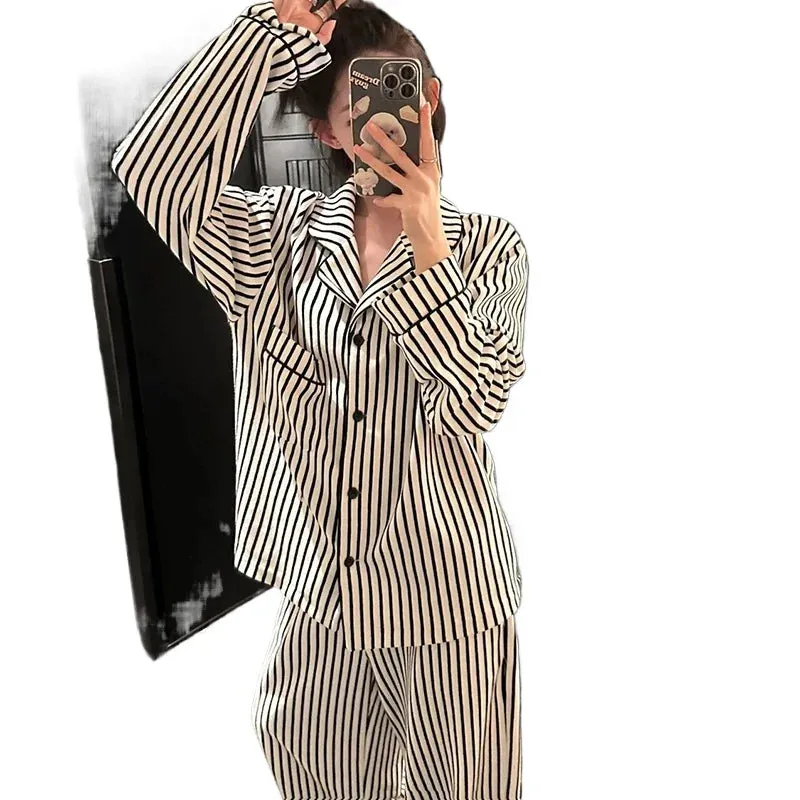LVSANW Striped Sleepwear Women Pajama Sets Autumn Piiama Casual Pants Sets for Women 2 Pieces Button Korean Night Wears Home Suit 2024