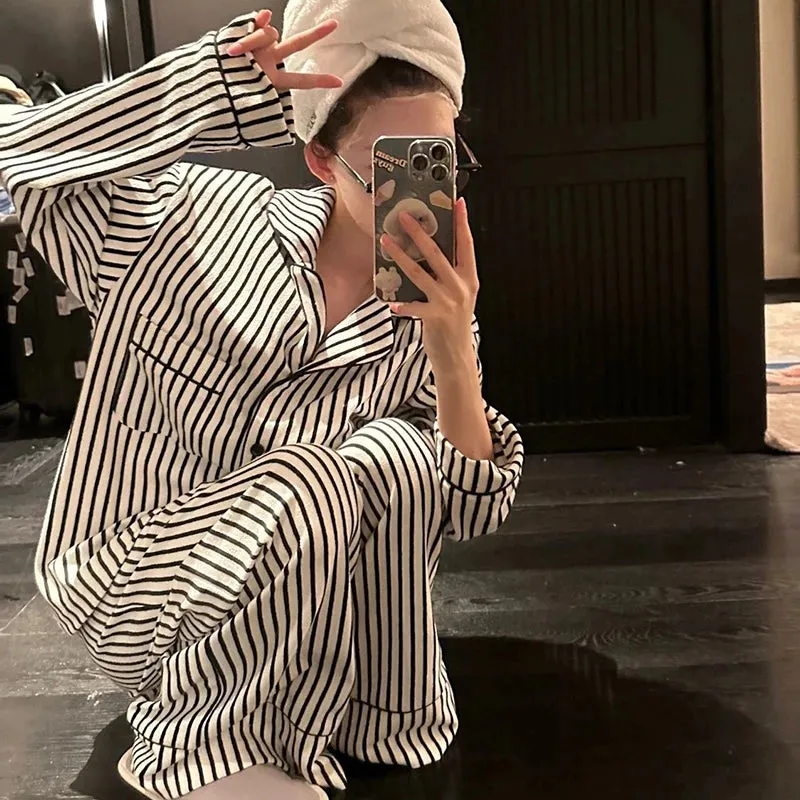 LVSANW Striped Sleepwear Women Pajama Sets Autumn Piiama Casual Pants Sets for Women 2 Pieces Button Korean Night Wears Home Suit 2024