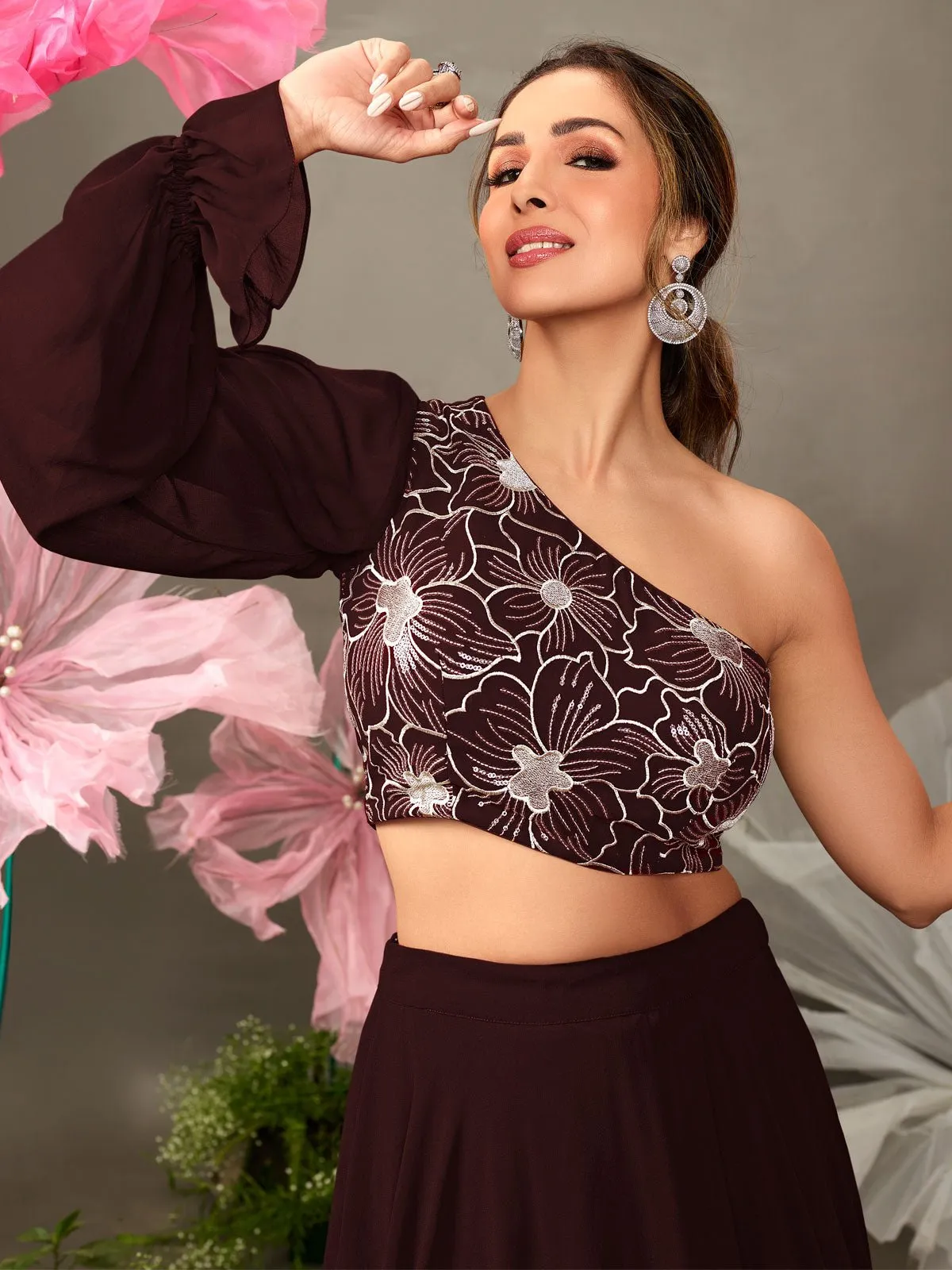 Malaika Arora Style Brown One Shoulder Top & Skirt