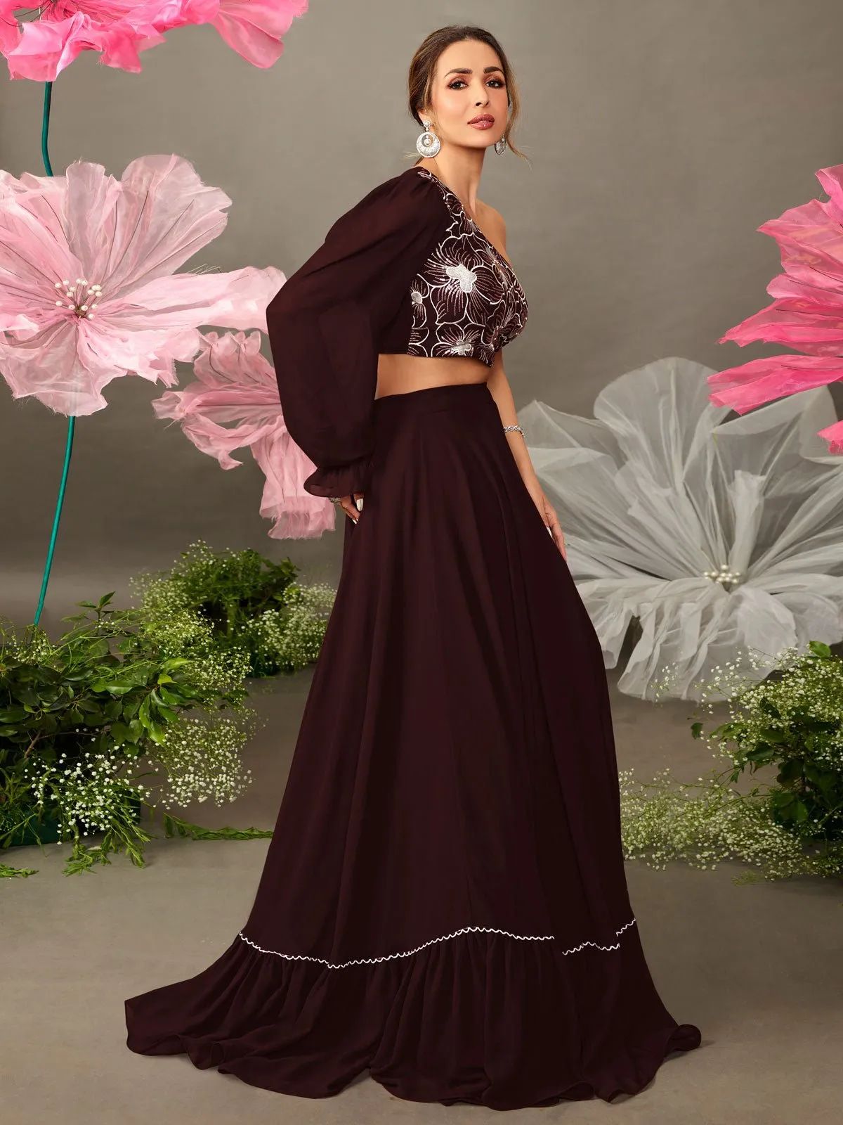 Malaika Arora Style Brown One Shoulder Top & Skirt