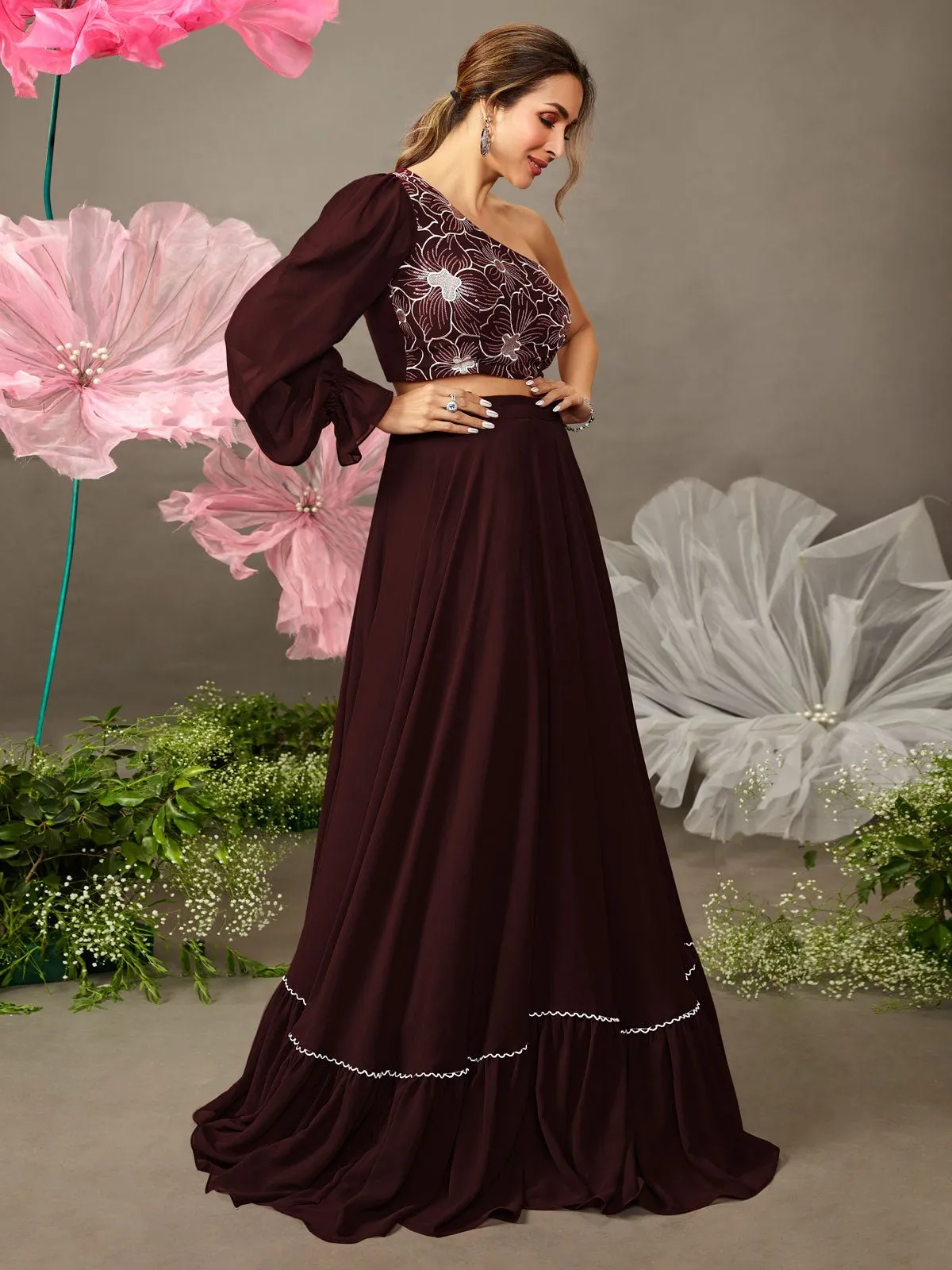 Malaika Arora Style Brown One Shoulder Top & Skirt