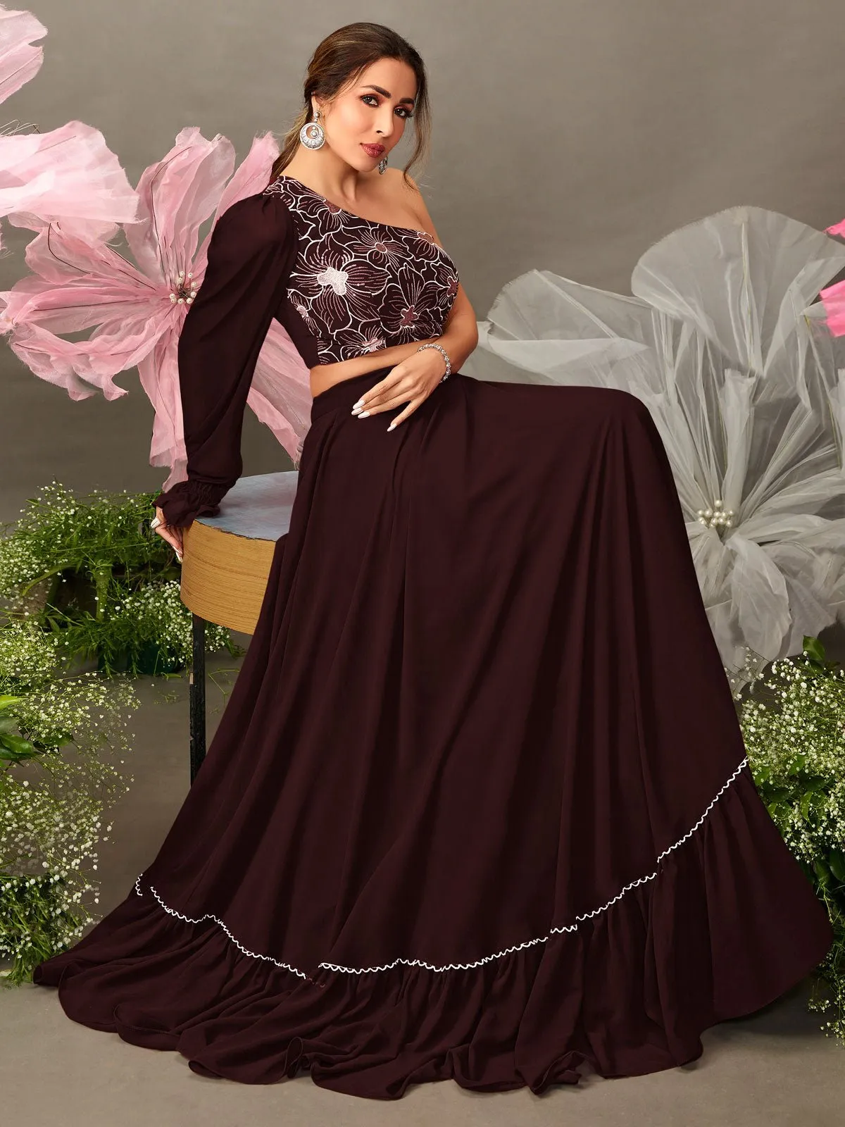Malaika Arora Style Brown One Shoulder Top & Skirt