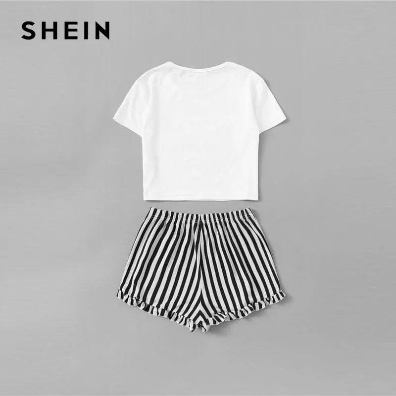 Matching Family Outfits Crop Tee & Frilled Hem Striped PJ Set Summer Cute Mother Daughter Nightwear