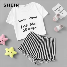 Matching Family Outfits Crop Tee & Frilled Hem Striped PJ Set Summer Cute Mother Daughter Nightwear