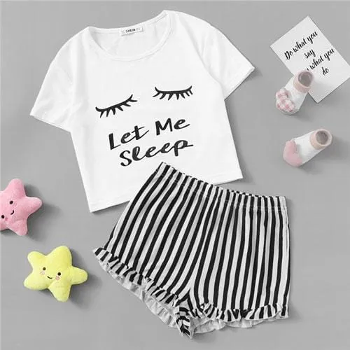 Matching Family Outfits Crop Tee & Frilled Hem Striped PJ Set Summer Cute Mother Daughter Nightwear