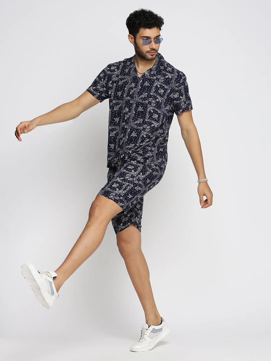 Men Navy Blue Cuban Collar Printed Over Sized Co-ords Set