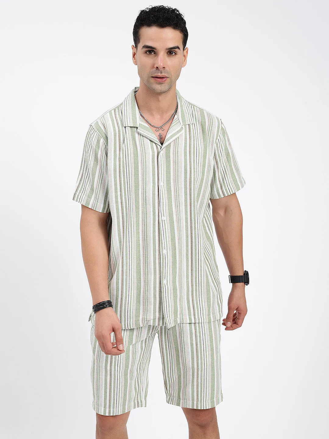 Men Striped Green Co Ords Set