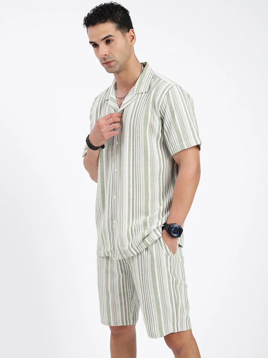 Men Striped Green Co Ords Set