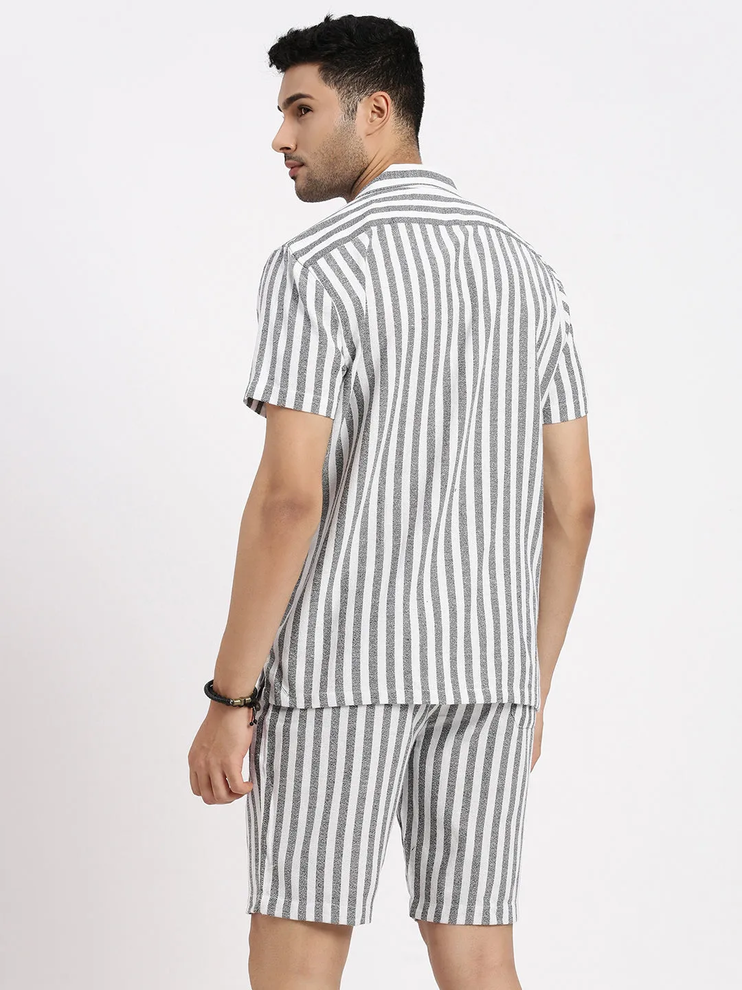 Men White Striped Co Ords Set