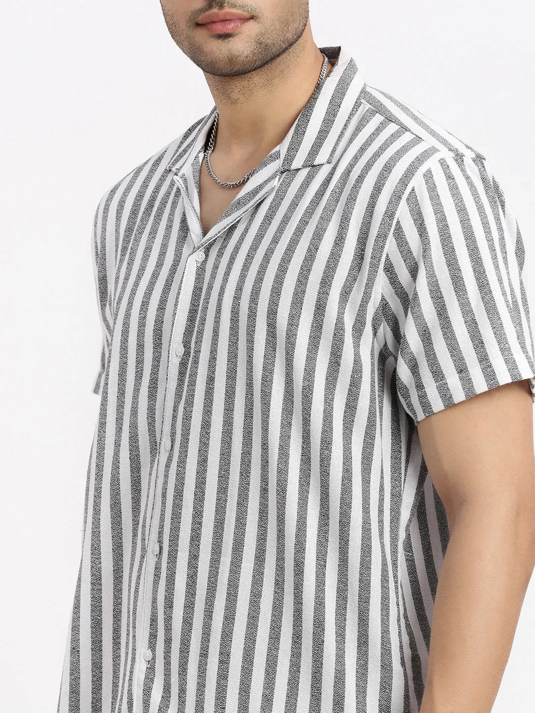 Men White Striped Co Ords Set