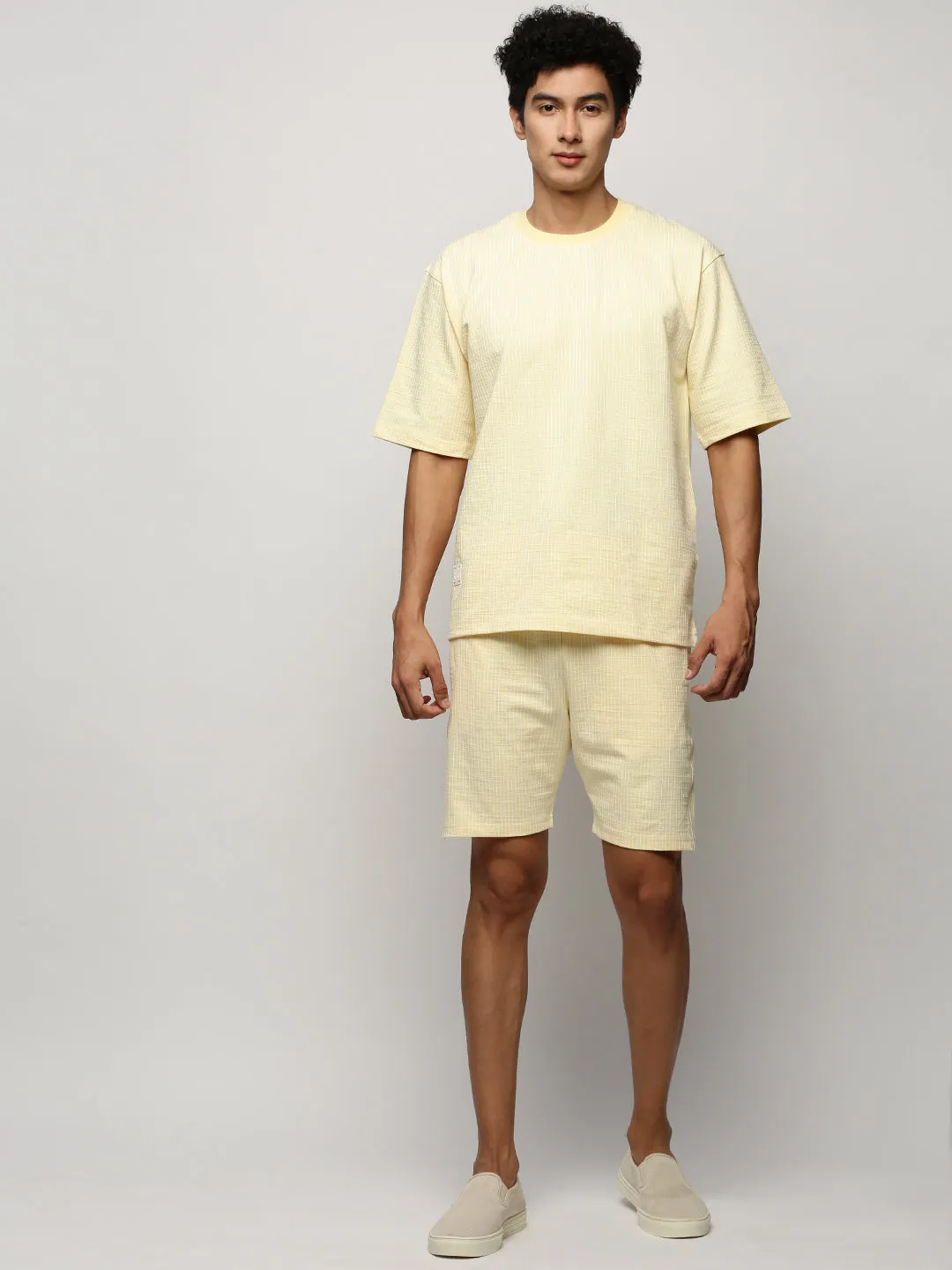 Men Yellow Striped Casual Co ords