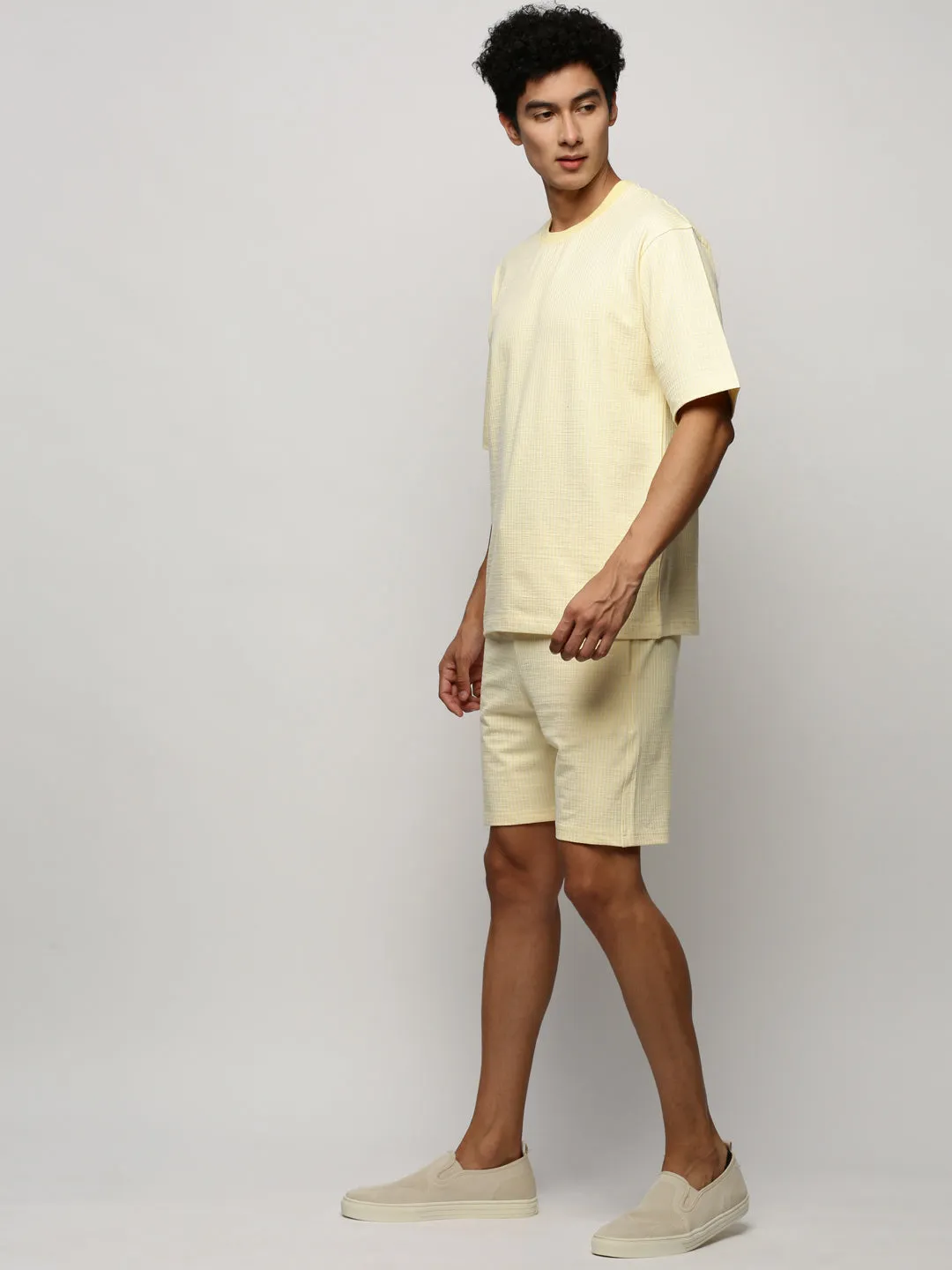 Men Yellow Striped Casual Co ords