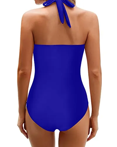 Modest Cutout Design Halter Backless Bathing Suits For Women-Royal Blue