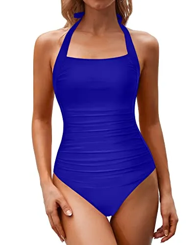 Modest Cutout Design Halter Backless Bathing Suits For Women-Royal Blue