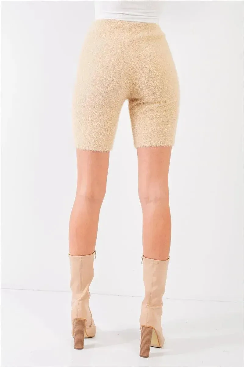 Oatmeal Beige Knit High Waist Stretchy Warm Fuzzy Biker Shorts