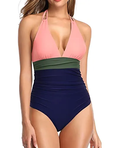 One Piece Sexy Plunge V Neck Swimsuit Tummy Control Halter Bathing Suit-Pink Green Blue