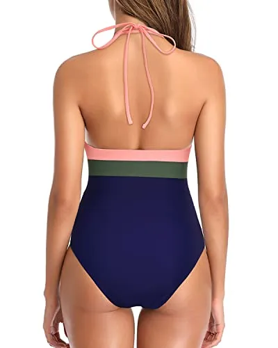 One Piece Sexy Plunge V Neck Swimsuit Tummy Control Halter Bathing Suit-Pink Green Blue