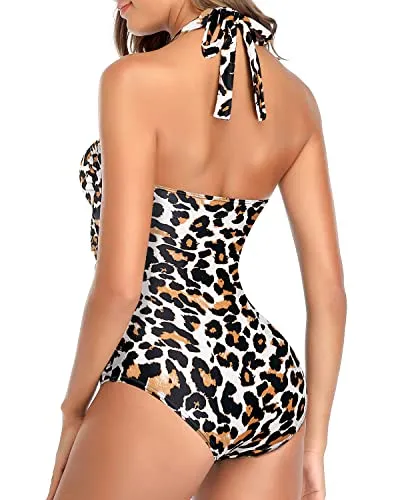 One Piece Swimsuits Bowknot Tummy Control Swimsuits For Women-Leopard
