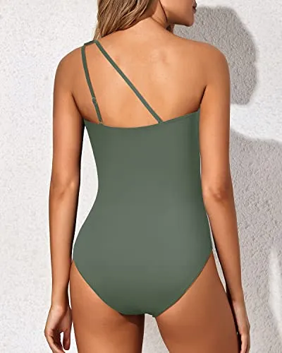 One Shoulder One Piece Swimsuit For Women Full Coverage Keyhole Swimwear-Army Green