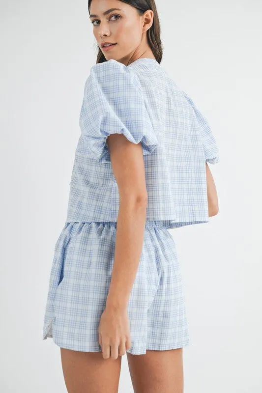 Plaid Bow Tie Short Set - Blue