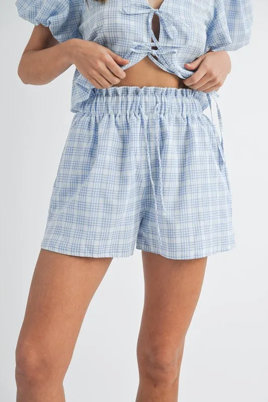 Plaid Bow Tie Short Set - Blue