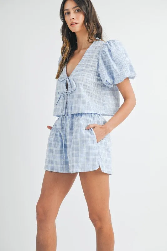 Plaid Bow Tie Short Set - Blue