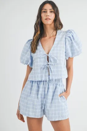 Plaid Bow Tie Short Set - Blue