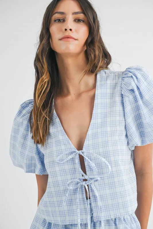 Plaid Bow Tie Short Set - Blue