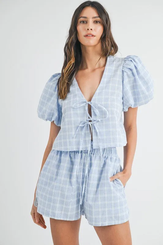 Plaid Bow Tie Short Set - Blue
