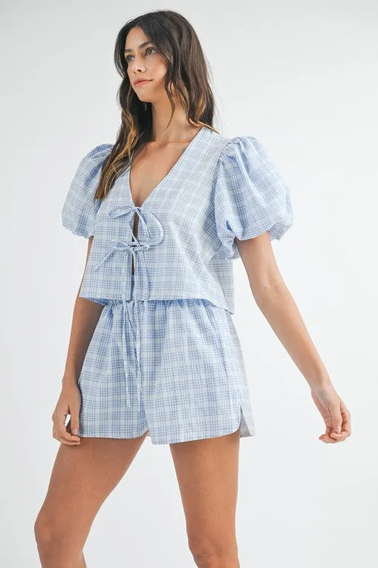 Plaid Bow Tie Short Set - Blue