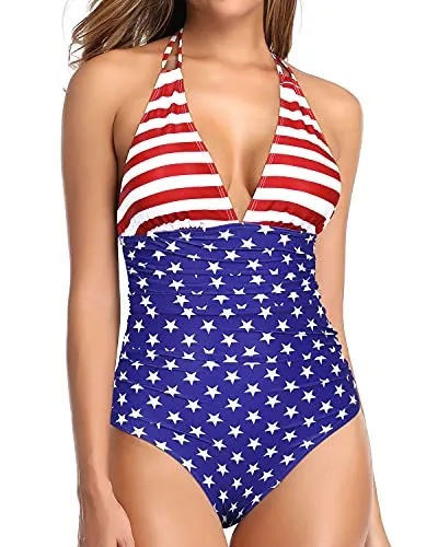 Plunge V Neck One Piece Swimsuit For Women Tummy Control Halter Bathing Suit-National Flag