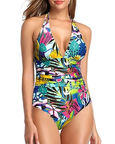 Plunge V Neck Women Bathing Suit Tummy Control Halter One Piece Swimsuit-Colourful
